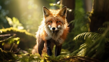 Wall Mural - A red fox is pictured up close in its natural habitat, a forest. The fox is alert and surrounded by trees and greenery