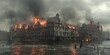 Apocalyptic Imagery of a Historical Waterfront Townhouse Ablaze with Flames and Smoke, Overlooking a Disturbed Sea