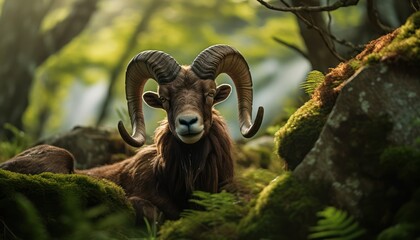 Wall Mural - A ram, specifically a Mouflon, is standing in the midst of a dense forest, surrounded by tall trees and foliage. The ram appears alert and is possibly grazing or observing its surroundings