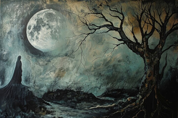 Wall Mural - A gothic painting with a dark landscape, a moon and a ghost