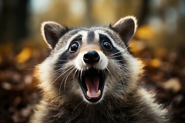 Curious raccoon with a surprised expression standing in a lush green forest environment