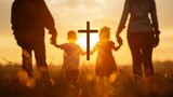 Fototapeta Uliczki - a family with children walking together and holding hands on a field in america. christian cross faith. wallpaper background