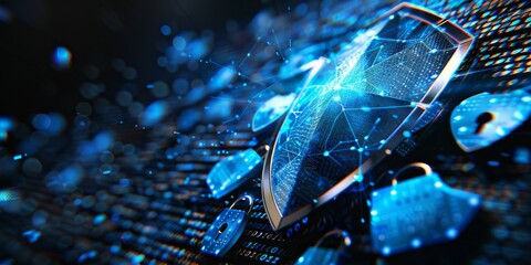 Dynamic cyber security concept with a digital shield and electricity, signifying online protection and network safety