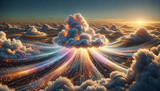 Fototapeta Miasto - Whimsical Cloud Networking: Vibrant Data Transfer in a Photorealistic Image.