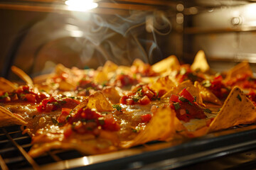 Wall Mural - A nachos melting in the oven with tortilla chips, cheese and salsa