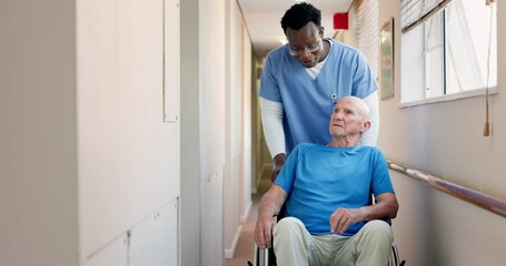 Canvas Print - Push, nurse talking or old man in wheelchair in hospital for healthcare help, results or support in clinic. Injury, elderly or patient with a disability or senior care for rehabilitation or advice