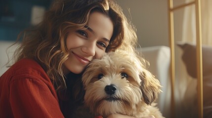 Poster - A woman holding a small dog in her arms, suitable for pet care concepts