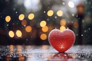 Poster - A red heart shaped object placed on a table covered in snow. Suitable for Valentine's Day designs