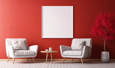 Two mock-up minimal white frame pictures on a wall in a cozy living room Near a vibrant red leather armchair and matching red coffee table