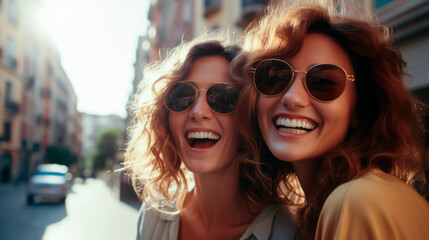 Wall Mural - a couple of smiling female friends in their thirties take a selfie outdoors. lesbian couple. LGBTQ+