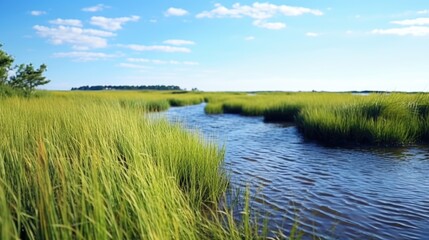 Sticker - Scenic view of a river running through a lush green field, suitable for nature and landscape concepts