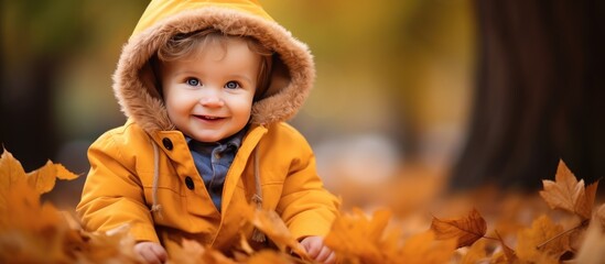 A young toddler, dressed in a yellow coat, sits among a pile of autumnal maple leaves in a park. The boy appears happy and content in the natural setting.