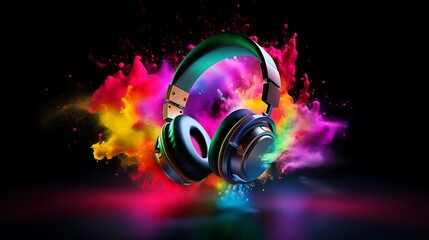 Stereo headphones exploding in festive colorful splash, dust and smoke with vibrant light effects on loud music sound, pulse, bass and beats, ready for party -