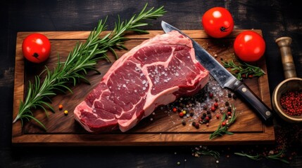 A steak on a cutting board with a knife, perfect for food and cooking concepts