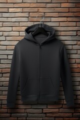 Poster - Blank Dark Gray Zip-up Hoodie Mockup On Brickwall Background