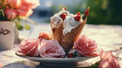 Canvas Print - A delicious waffle cone filled with ice cream and fresh strawberries. Great for food and dessert concepts