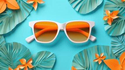 Sticker - Stylish sunglasses placed on a vibrant blue background with tropical leaves, perfect for summer themes