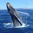Majestic humpback whale breaching with a splash in a realistic marine setting, symbolizing wildlife and ocean beauty