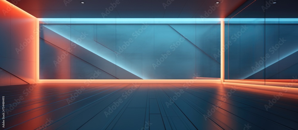 An empty room with modern architecture features blue and red lights ...