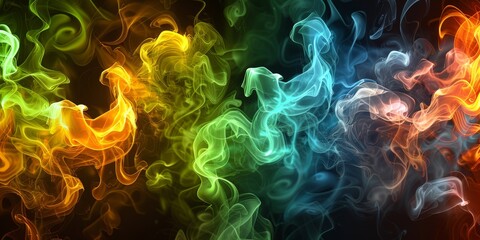 Wall Mural - Multicolored Smoke Swirls on a Black Background, Symbolizing Mystery, Abstract Art, and the Fusion of Elements