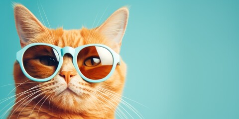 Wall Mural - Stylish orange cat wearing sunglasses on blue background. Perfect for pet fashion concepts