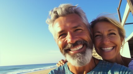 Wall Mural - A man and woman capturing a moment on the beach, perfect for travel or relationship concepts