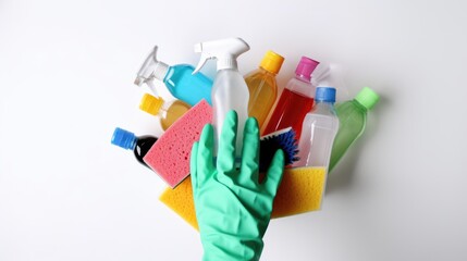 Wall Mural - A person in green gloves holding a bunch of cleaning supplies. Perfect for household cleaning concept