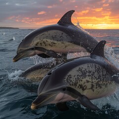 Wall Mural - Trio of dolphins jumping out of ocean at sunset, dynamic and stunning marine wildlife moment, ideal for showcasing the energy and elegance of dolphins in a vibrant, picturesque seascape