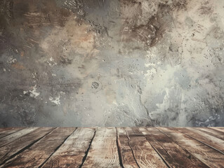 Wall Mural - Rustic Wooden Table Against Distressed Plaster Wall, Display and Copy Space