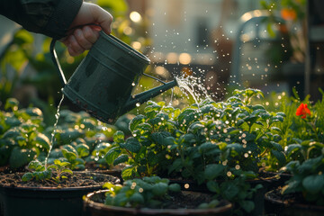 Wall Mural - A pair of hands holding a watering can, nourishing freshly planted herbs in pots on a sunny patio. Concept of container gardening. Generative Ai.