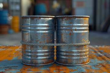 Wall Mural - Two tin cans connected by a taut string, illustrating a simple yet effective method of verbal communication. Concept of childhood games and connection. Generative Ai.