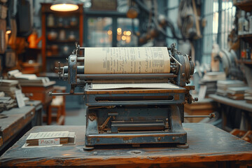 Sticker - An antique letterpress machine printing out a message on paper, capturing the charm of traditional print communication. Concept of vintage correspondence. Generative Ai.