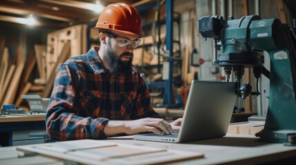 Canvas Print - A man operates an engineering machine to cut a piece of hardwood, demonstrating the art of woodworking. AIG41