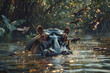 Hippopotamus in water at dusk
