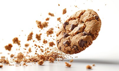 Wall Mural - Crumbs integral biscuit, cookie flying, isolated on white, clipping path