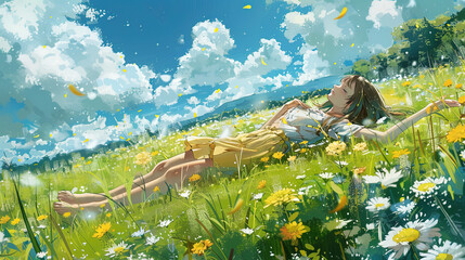 Manga anime wallpaper of a girl resting in a spring meadow, flowers, clouds, peace