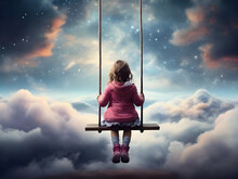 Little girl from behind sitting on the swing above clouds