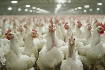 View of countless white chickens in a poultry farm