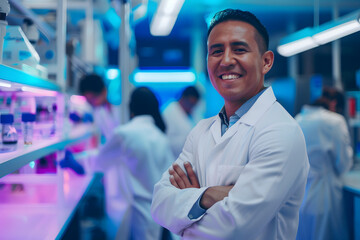 A proud Latino man, clad in a lab coat, stands with confidence in a high-tech research facility. Behind him, scientists diligently work on futuristic equipment. With a confident smile and arms crossed