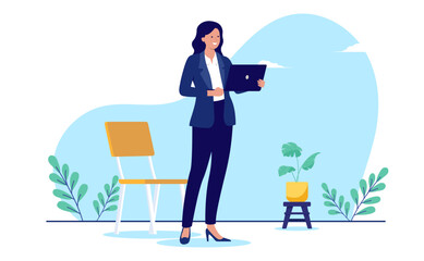 Aufkleber - Professional woman with laptop - Female businessperson standing with computer in hands smiling dressed in casual business clothes. Flat design vector illustration with white background