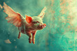 A whimsical pig with delicate, translucent wings flies against a dreamy turquoise background, sparking imagination