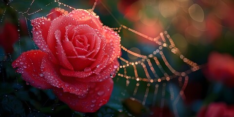 Detailed Shot of a Spider Web with Dew Drops on a Rose Bush. Concept Nature Photography, Macro Photography, Close-up Shots, Water Droplets on Plants