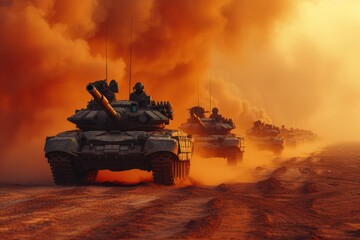 Canvas Print - Powerful army tanks lined up in formation on a dusty training ground