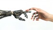 Ręka w pełni mechaniczna dotyka rękę bioniczną z wyglądem człowieka, wyrażając łączność i współpracę.