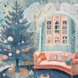 a Christmas tree print, josh rosman, joy laforme, inside of the house, in the style of brush drawing, in the style of azure and pink, doodle drawing, anne dewailly, storybook illustrations