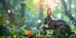 The Easter bunny draws images on Easter eggs, in the middle of a surreal and magical forest with flowers