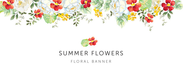 Wall Mural - Roses, red nasturtiums, yellow flowers, green leaves, white background. Banner template with text. Vector illustration. Floral arrangement. Summer border design 