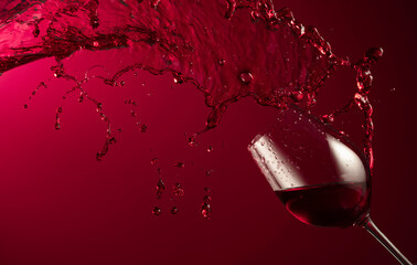 Wall Mural - Glass and red wine splash on a dark red background.