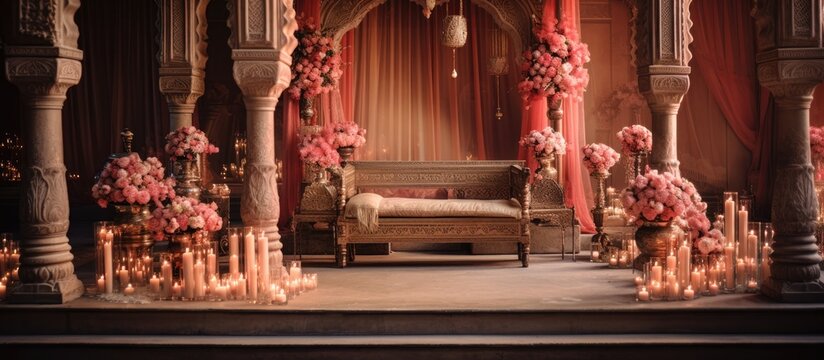 a stage is adorned with a beautiful setup featuring candles and flowers, creating a stunning ambianc