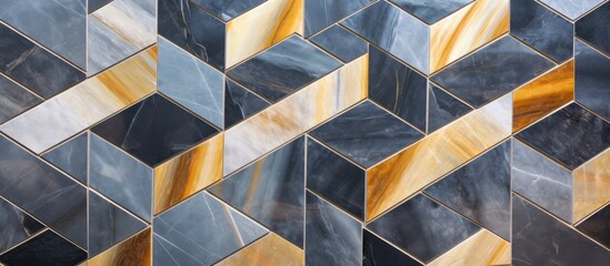 Wall Mural - A detailed view of a wall constructed using black and gold tiles, creating an elegant and sophisticated design. The tiles are arranged in a pattern that adds depth and texture to the overall aesthetic